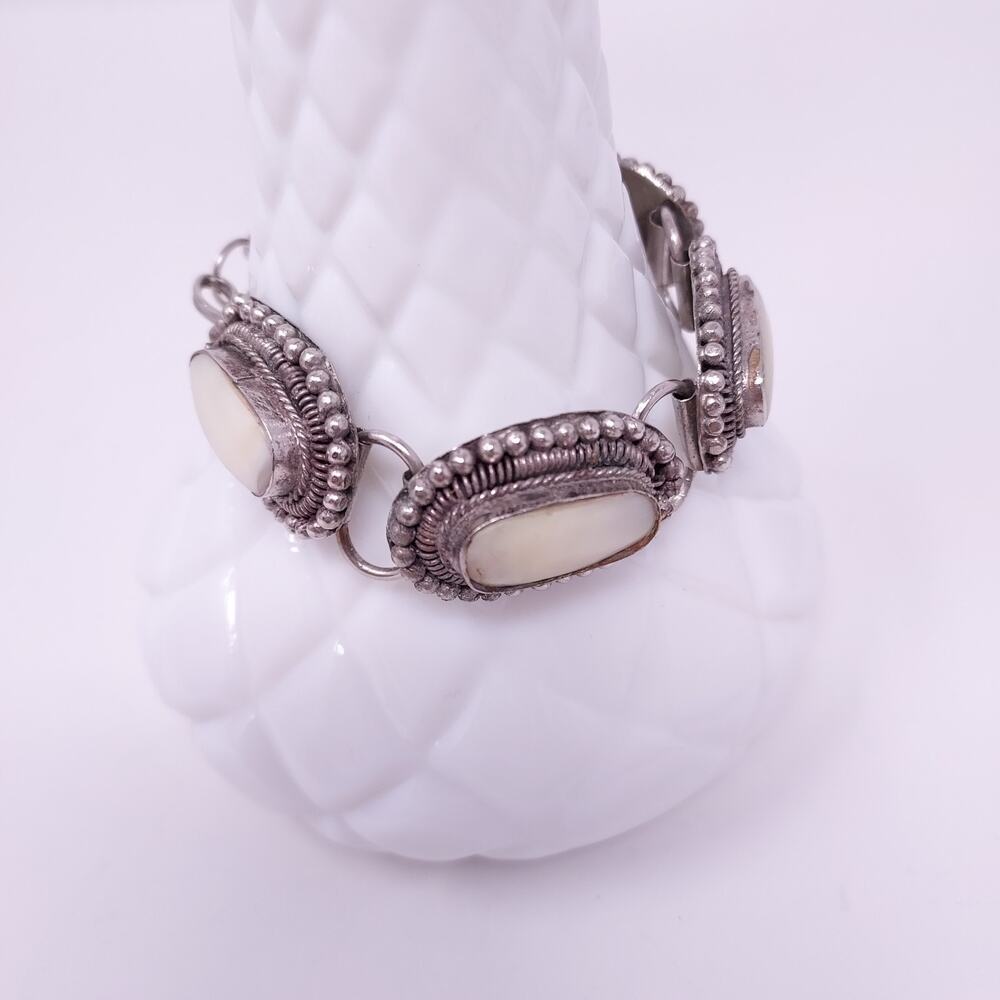 Artisan Bracelet Mother of Pearl Cabochons Bezel Set Silver Tone Sz 6.5 India